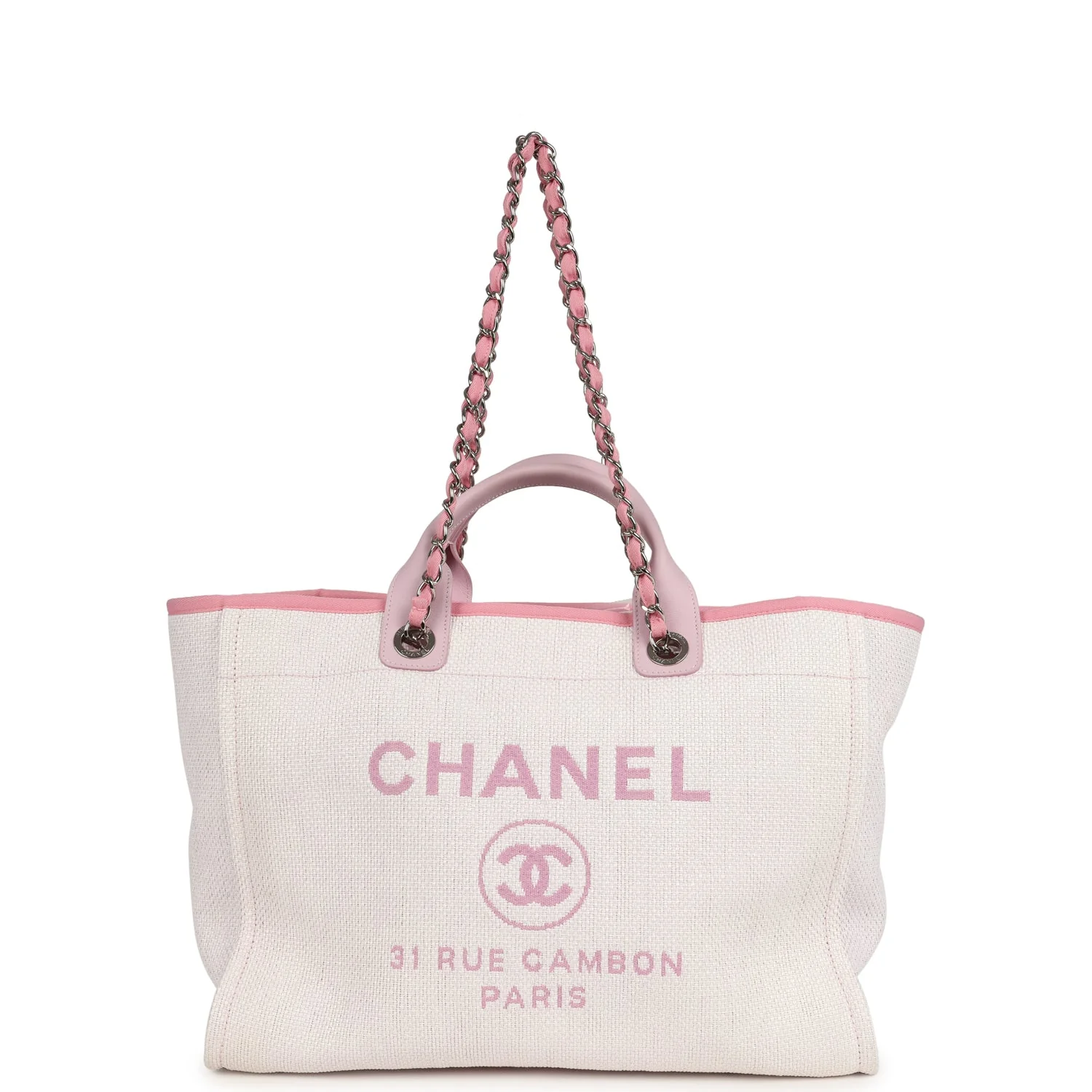 Pre-owned Chanel Medium Deauville Shopping Tote Light Pink Raffia and Canvas Silver Hardware