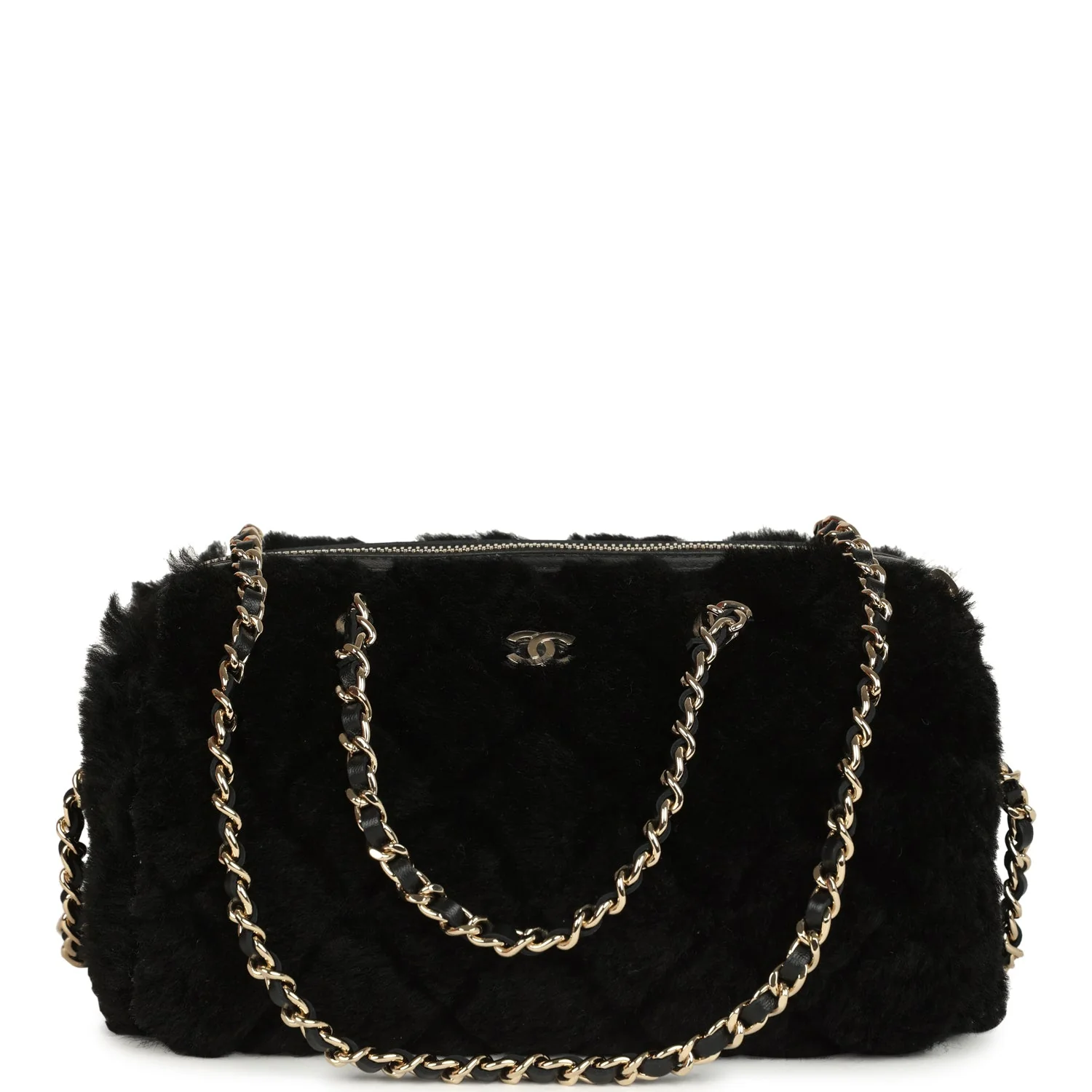 Chanel Mini Timeless Classic Barrel Bag with Chain Black Shearling Light Gold Hardware