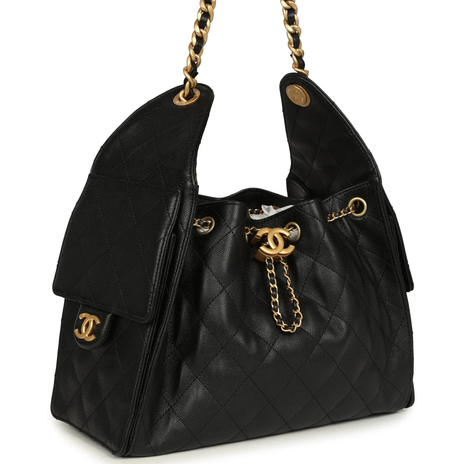 Pre-owned Chanel Small 25 Hobo Bag Black Caviar Antique Gold Hardware