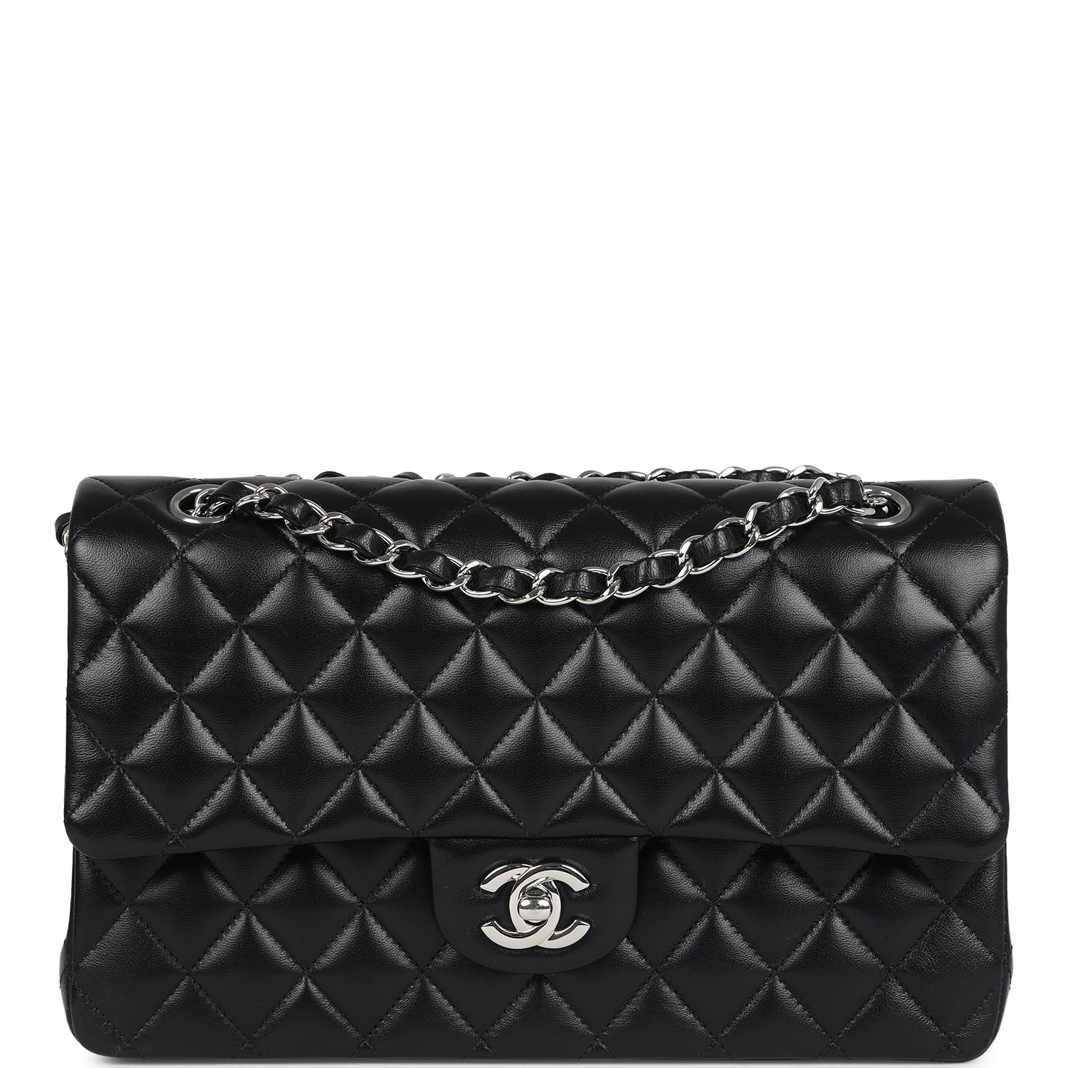 Pre-owned Chanel Medium Classic Double Flap Bag Black Lambskin Silver Hardware