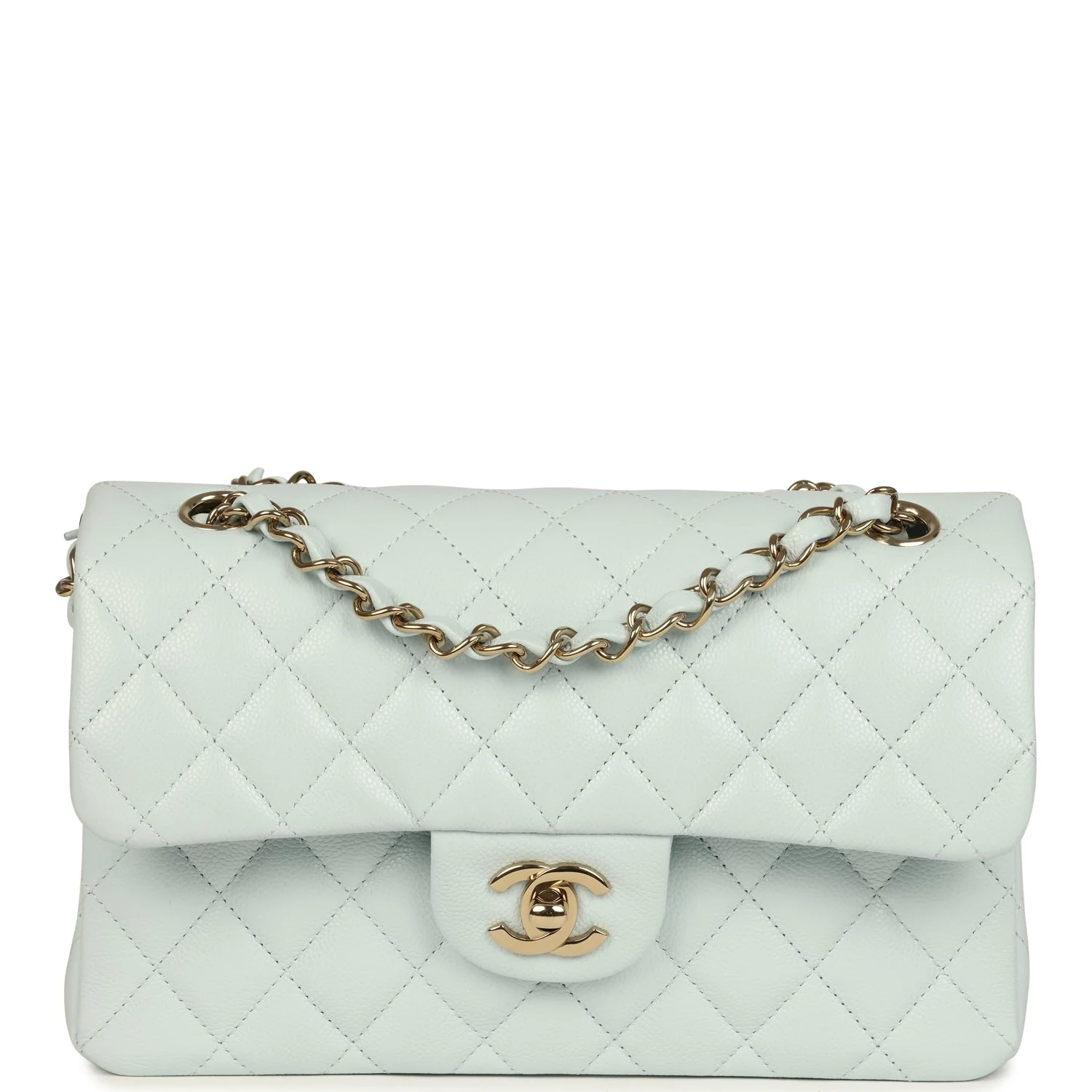 Chanel Small Classic Double Flap Bag Light Blue Shiny Caviar Light Gold Hardware