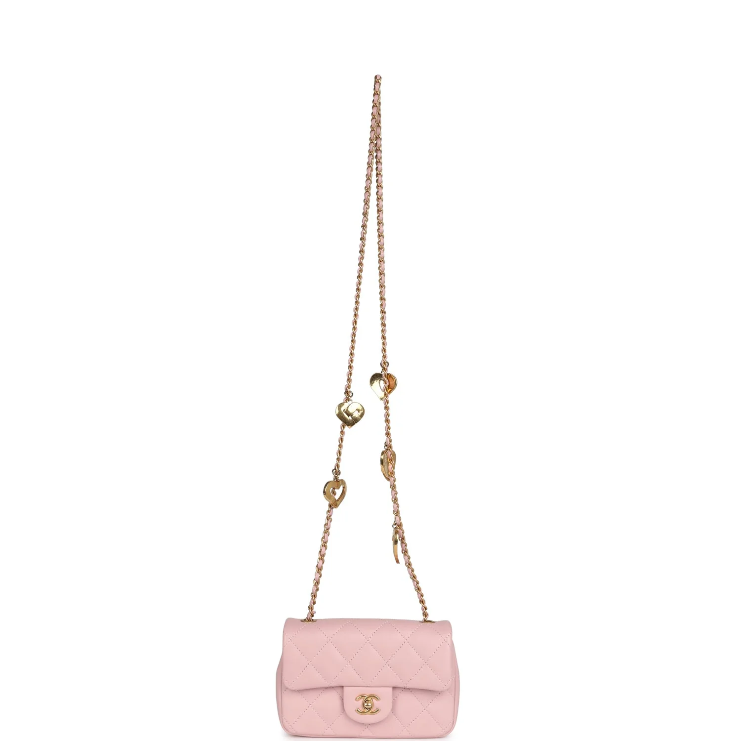 Pre-owned Chanel Mini Rectangular Flap Bag with Heart Chain Pink Lambskin Antique Gold Hardware