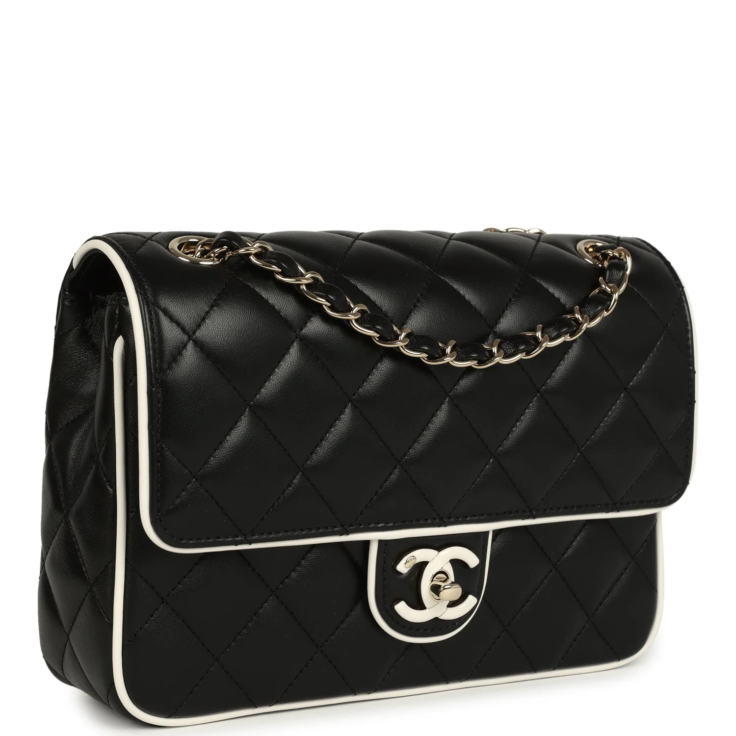 Chanel Small Graphic Frame Flap Bag Black and White Lambskin Light Gold Hardware