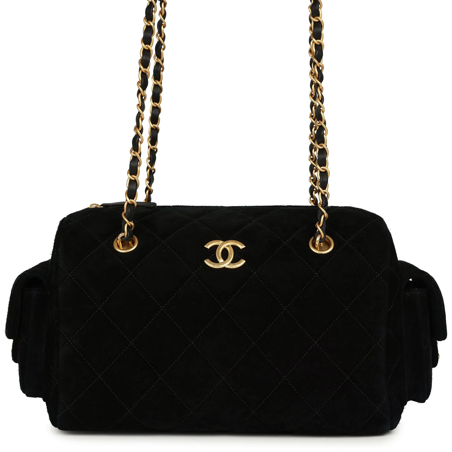 Chanel Small Bowling Bag Black Suede Antique Gold Hardware