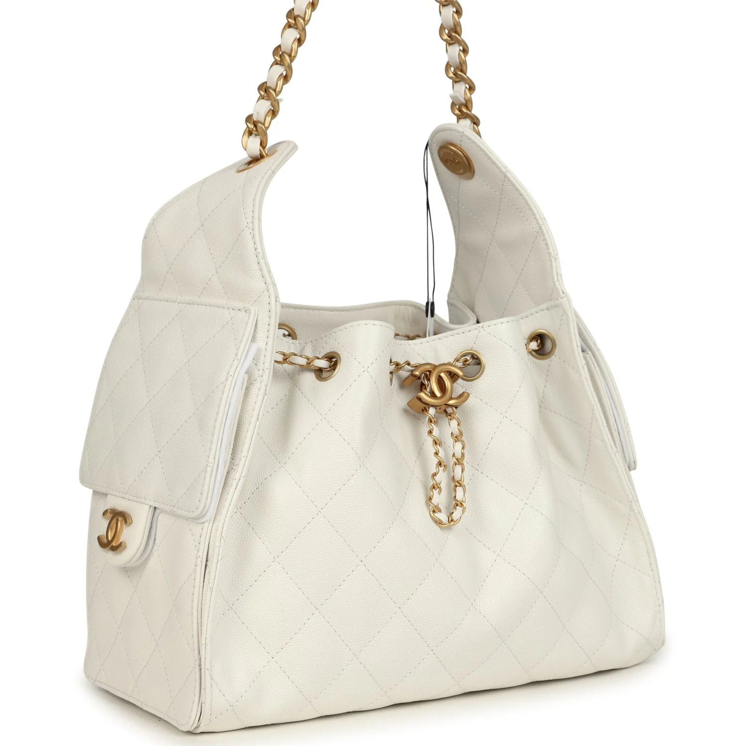 Chanel Small 25 Hobo Bag White Caviar Antique Gold Hardware