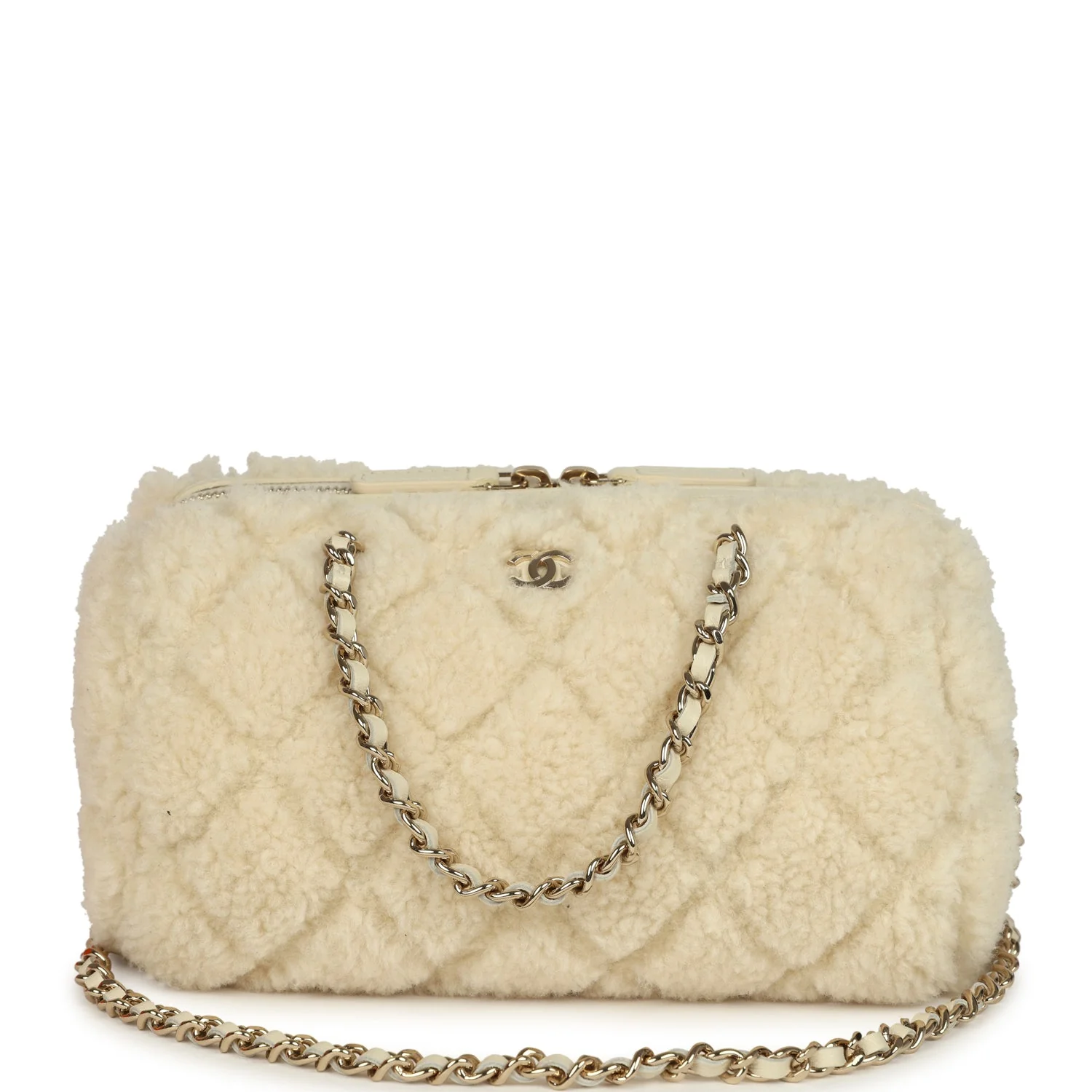 Chanel Mini Timeless Classic Barrel Bag with Chain Beige Shearling Light Gold Hardware