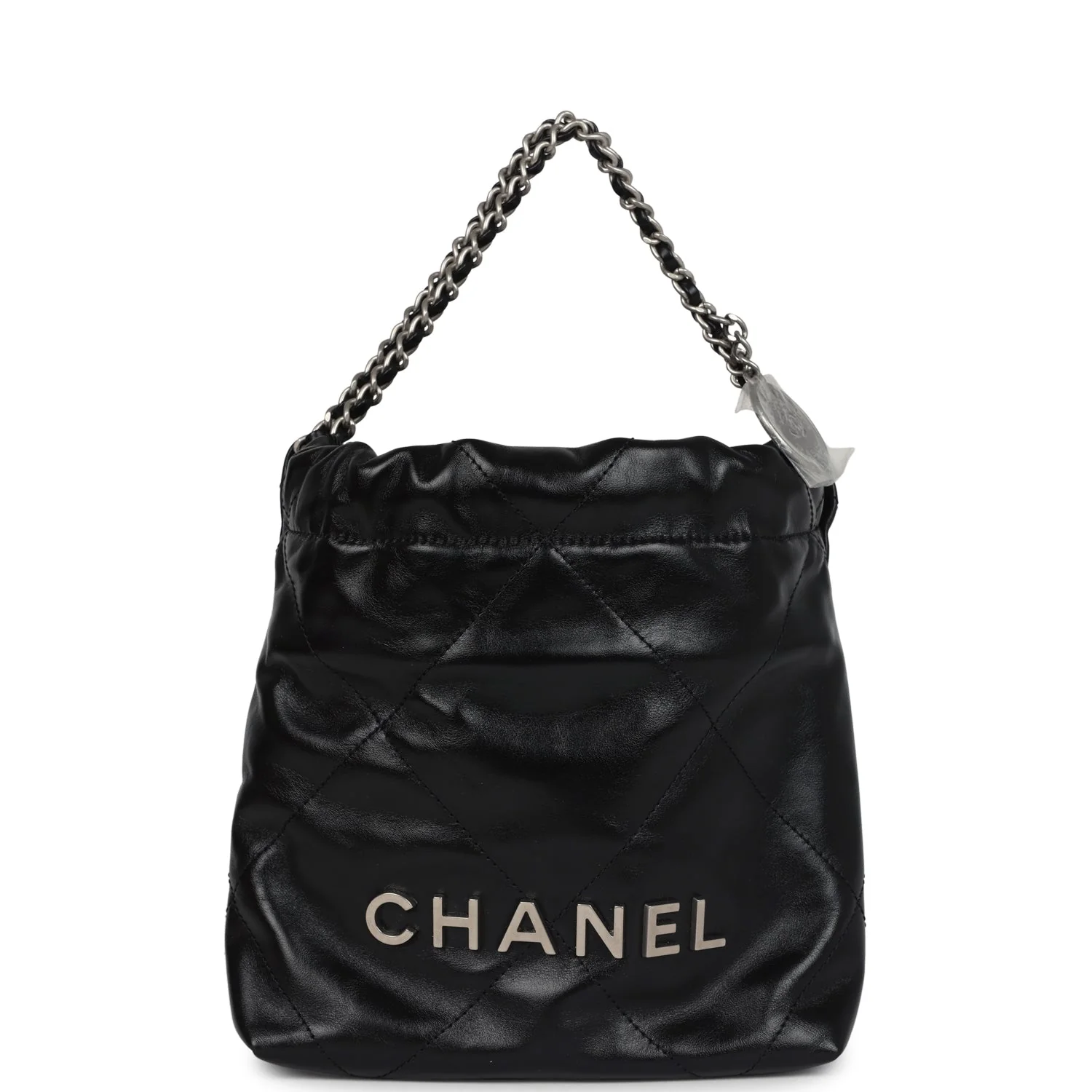 Chanel Mini 22 Bag Black Shiny Calfskin Brushed Silver Hardware