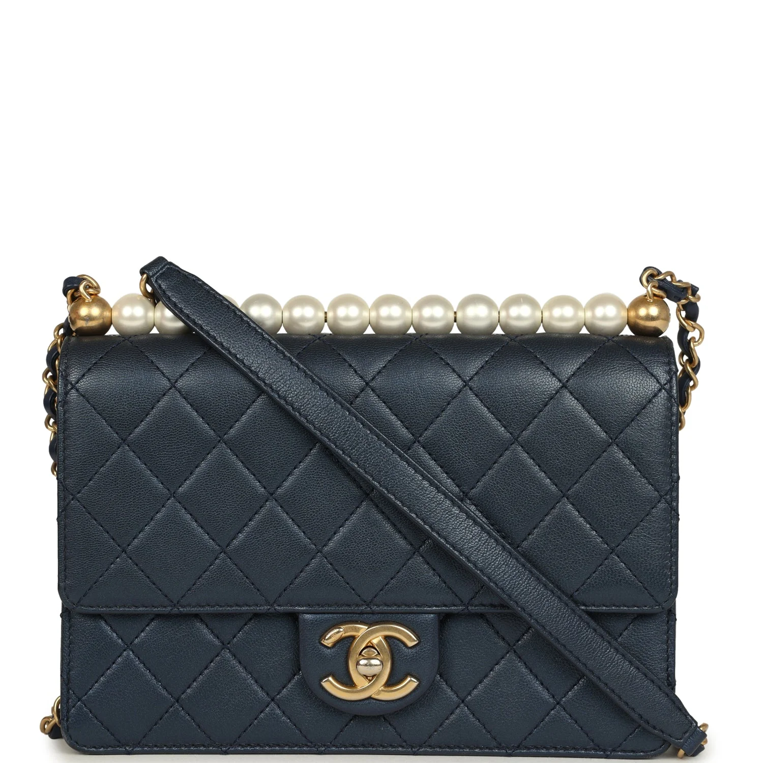 Pre-owned Chanel Small Chic Pearls Flap Bag Navy Calfskin Antique Gold Hardware