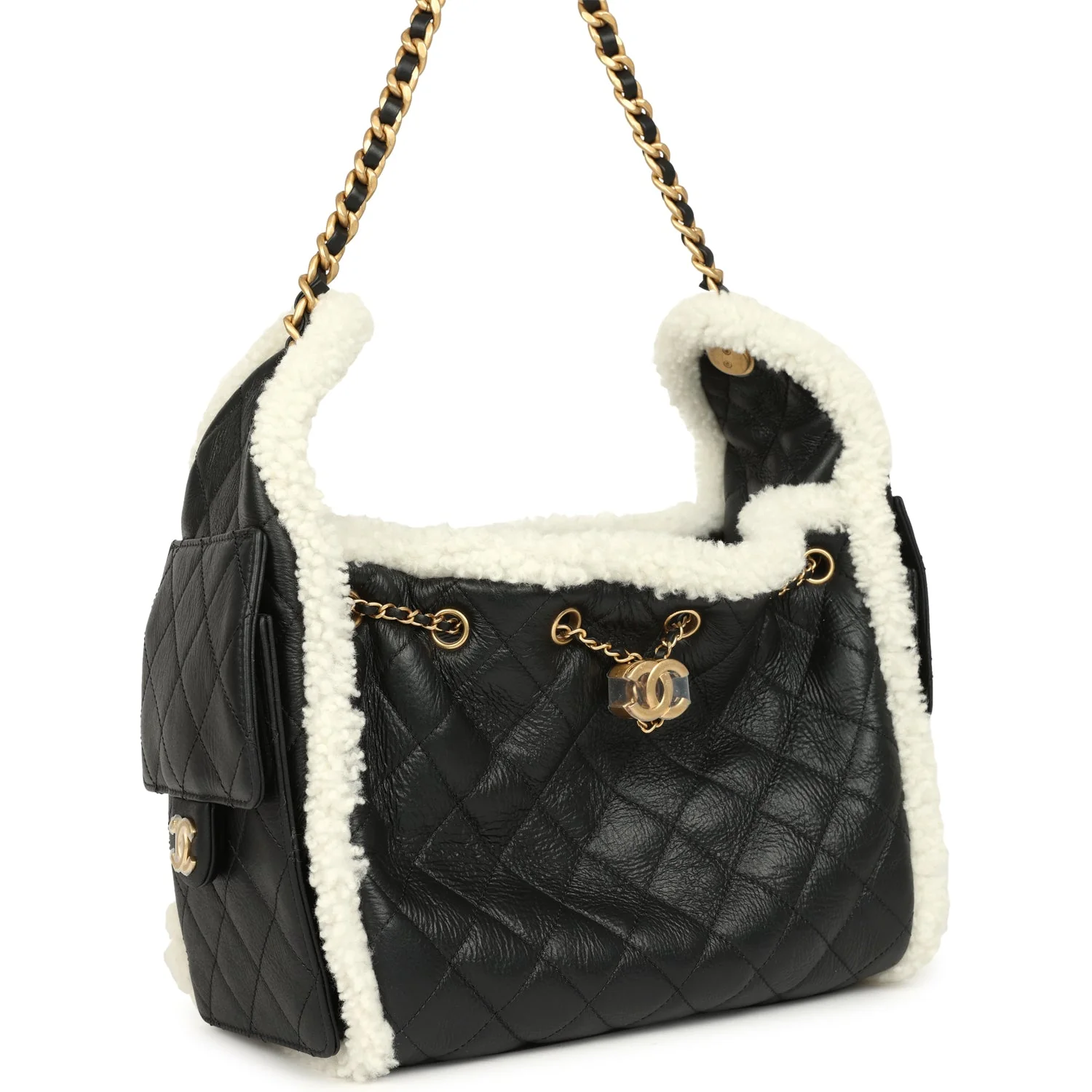 Chanel Small 25 Hobo Bag Black Crumpled Sheepskin and White Shearling Antique Gold Hardware