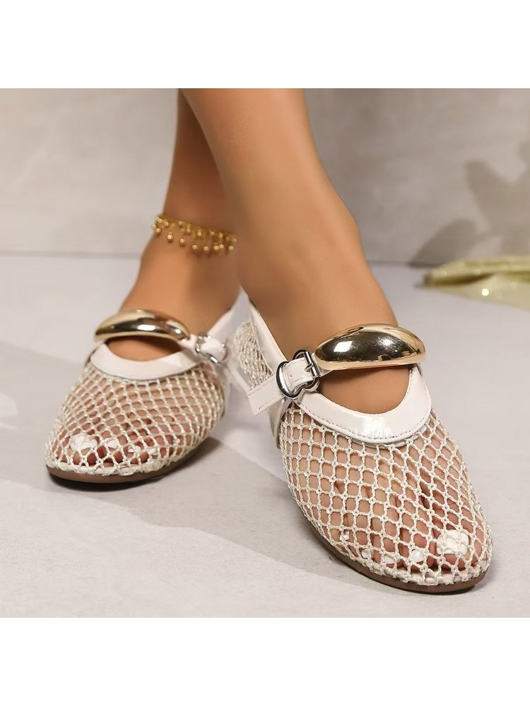 Solid Hollow-out Metal Decor Flat Heel Flats