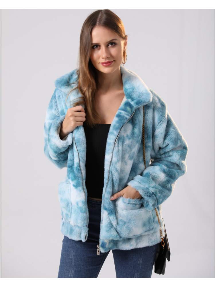Fluff Tie Dye Long Sleeve Lapel Faux Fur