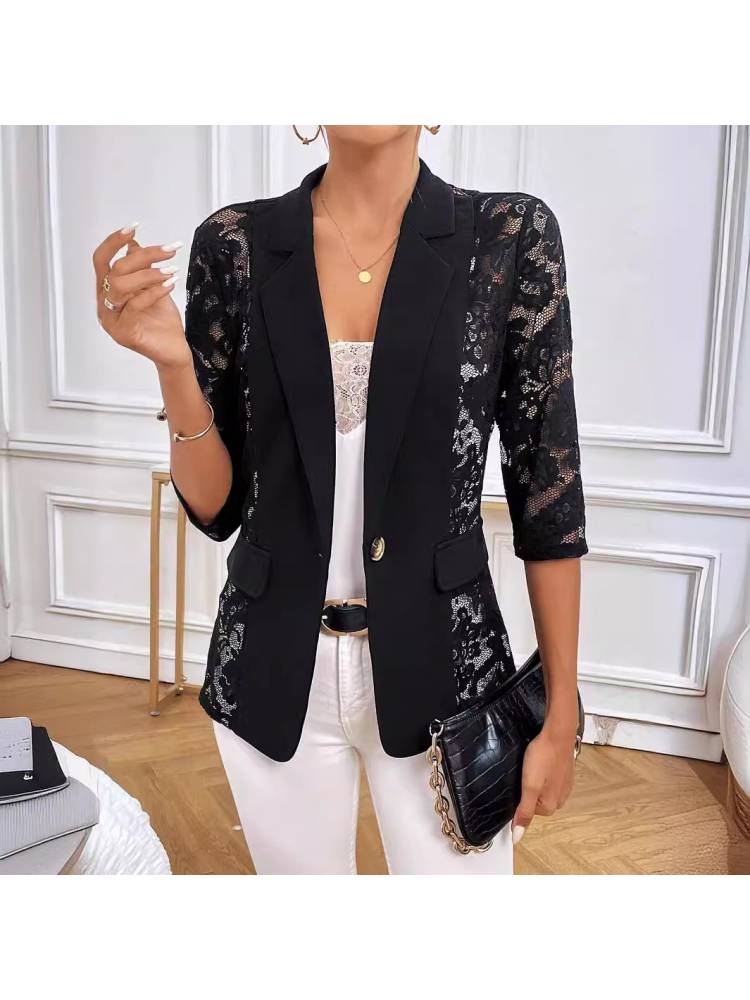 Lace Panel Pure Color One Button Blazers