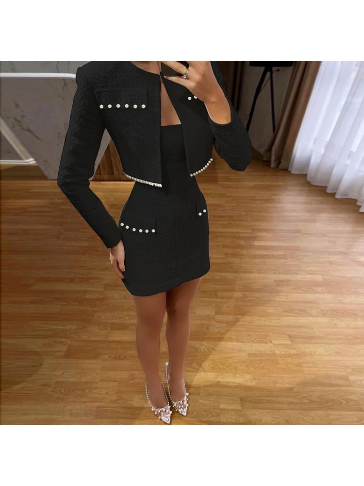 Faux Pearl Long Sleeve Polyester Blazers