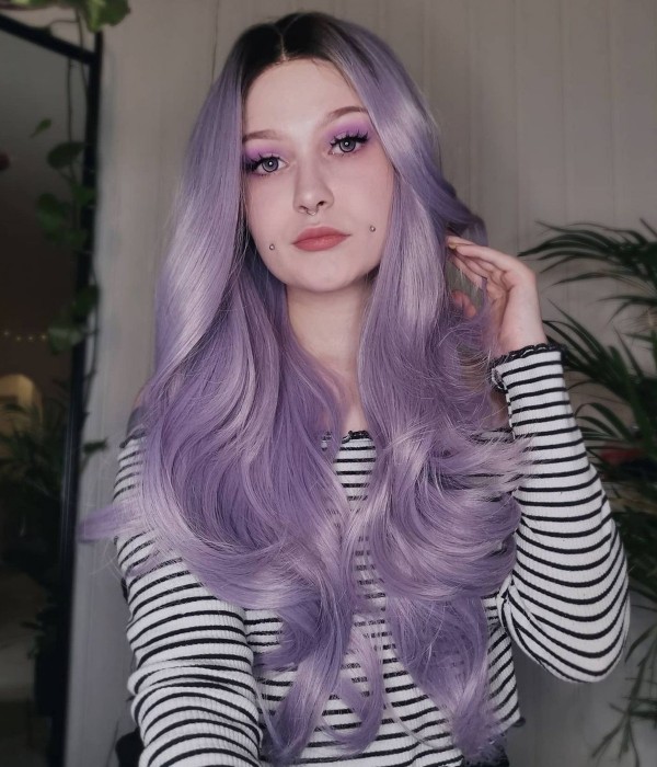 Misty Dawn | Pale Lilac Long Natural Wave Synthetic T-part Lace Front Wig | Left