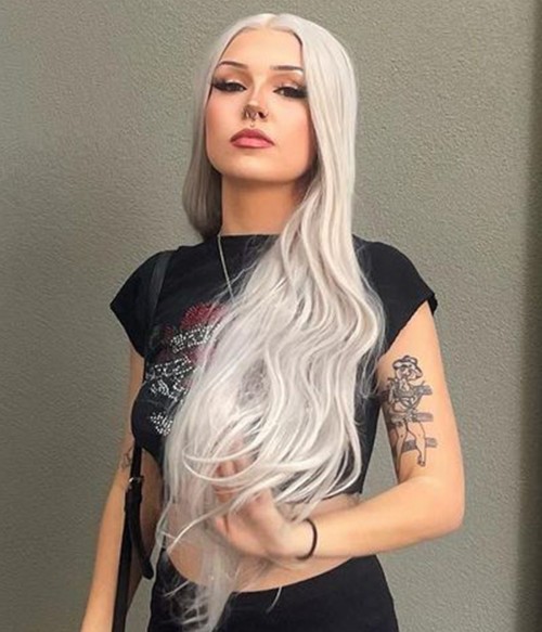 Smokey | Gray With Creamy Yellow Highlights Long T-part Lace Front Wig | Right | US ONLY