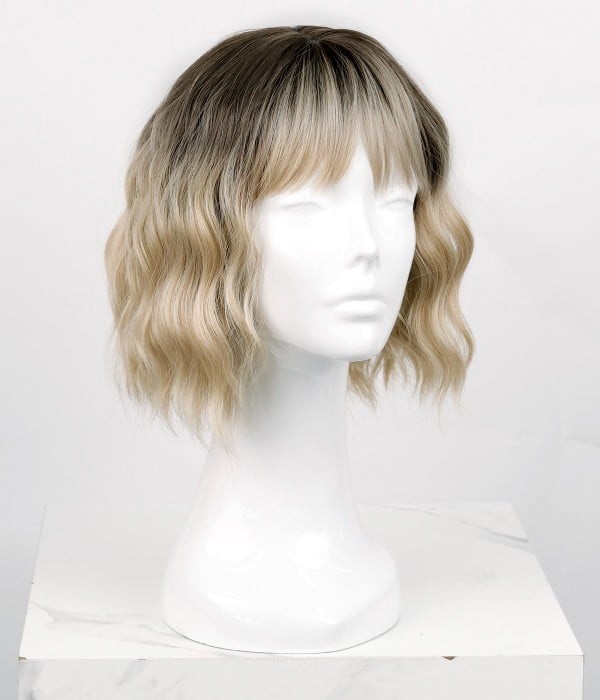 Vanilla Latte | Baby Blonde Short Wavy Bob Synthetic Wig with Bangs