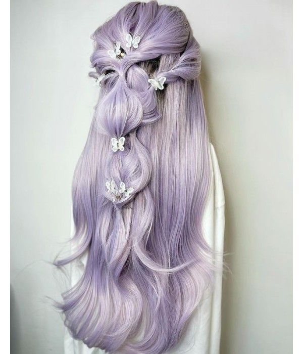 Misty Dawn | Pale Lilac Long Natural Wave Synthetic T-part Lace Front Wig | Left