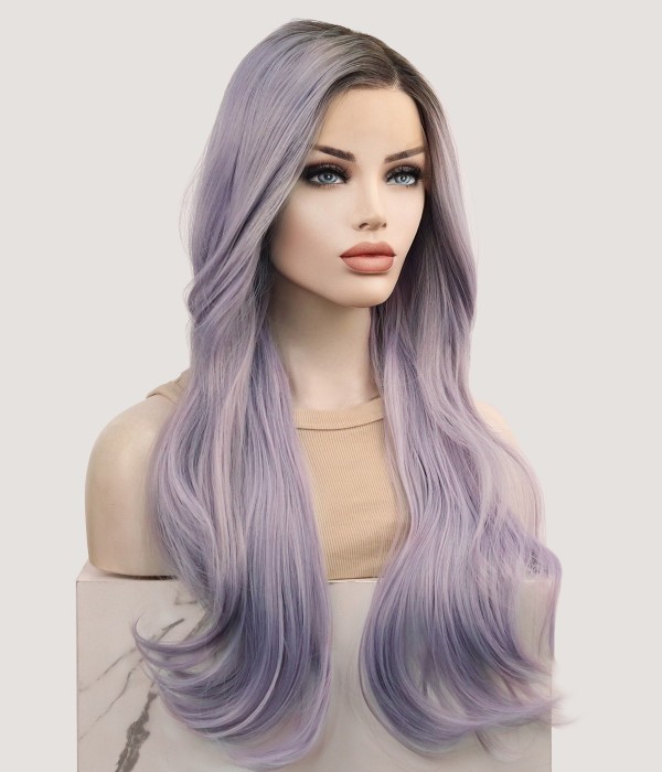 Misty Dawn | Pale Lilac Long Natural Wave Synthetic T-part Lace Front Wig | Left
