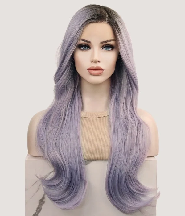 Misty Dawn | Pale Lilac Long Natural Wave Synthetic T-part Lace Front Wig | Left