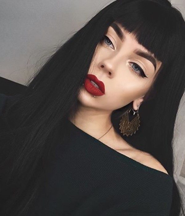 Barbie Doll | Black Long layered Synthetic Lace Front Wig with Bangs