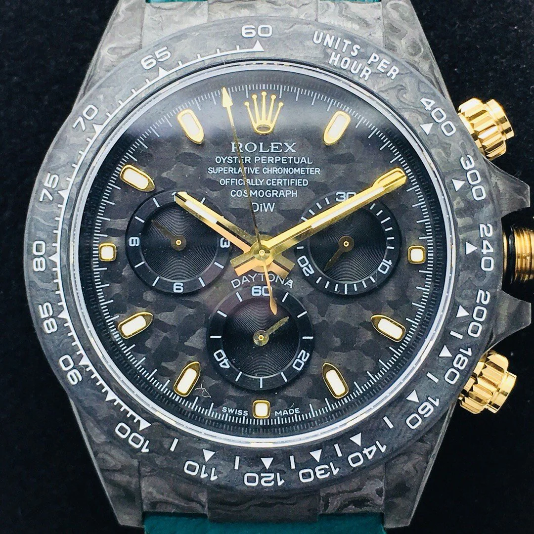 DAYTONA 40MM CUSTOM CARBON FILBER BLACK DIAL NAVY LEATHER