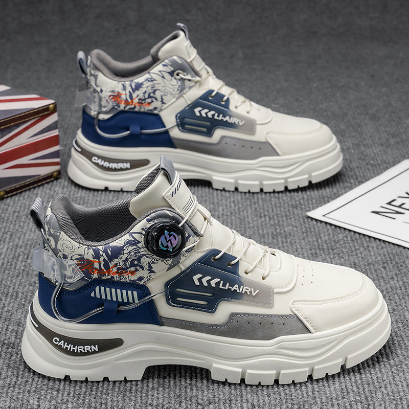 High Top Men's Shoes, Sports Waterproof, Wear-Resistant, Anti-Slip Thick Soled Casual Workwear, Rotating Button Martin Boots