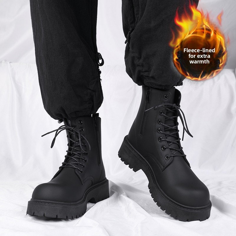 Martin Boots Men's New Winter Black British Style Motorcycle Zipper Workwear Boots with High Top and Plush Warm Casual Leather Boots