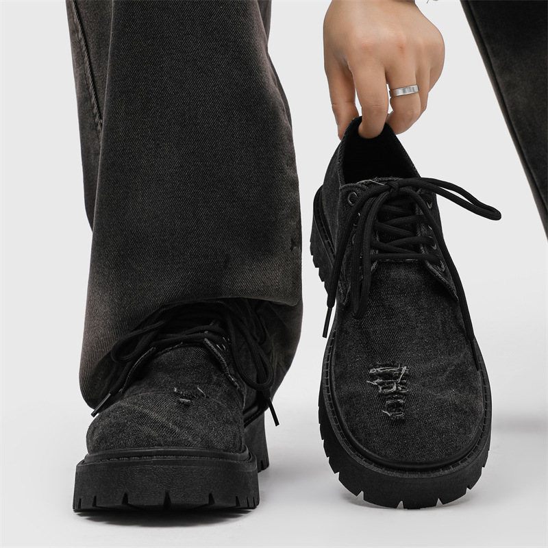 Leather Shoes For Men In Winter Design, Denim With Holes, Trendy Casual Thick Soled Big Toe Shoes