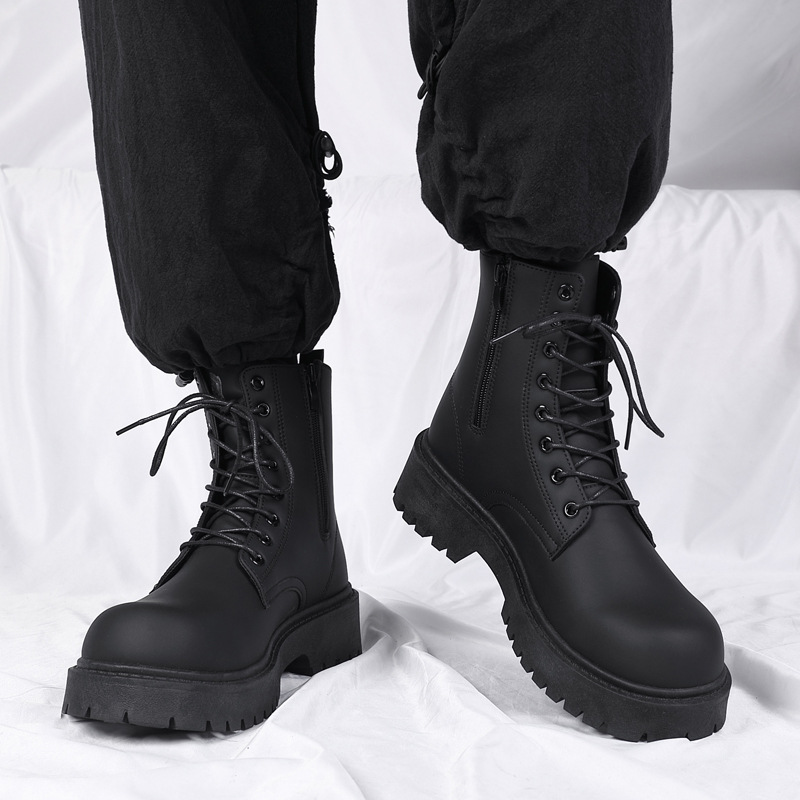 New Winter Black Motorcycle Workwear Boots, High Top Soft Leather Waterproof Casual Leather Boots