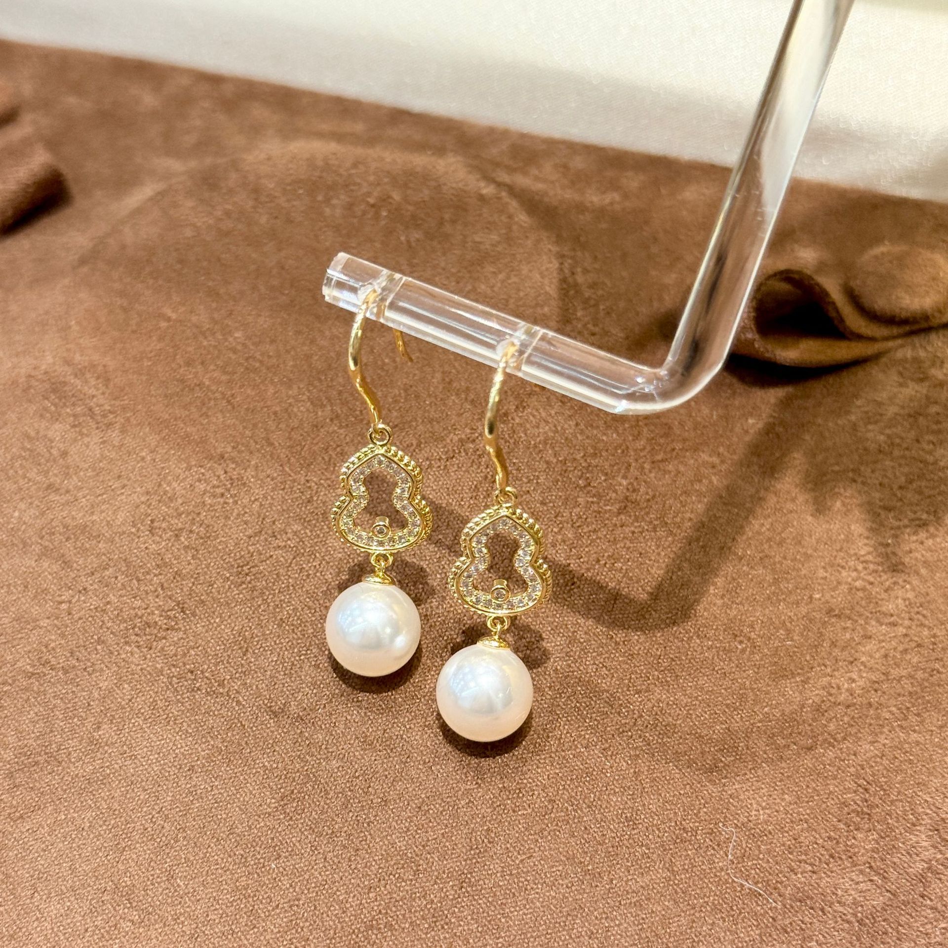 Silver Needle Full Diamond Gourd Pearl Ear Hook Female Personality Temperament Light Luxury Fulu Earrings