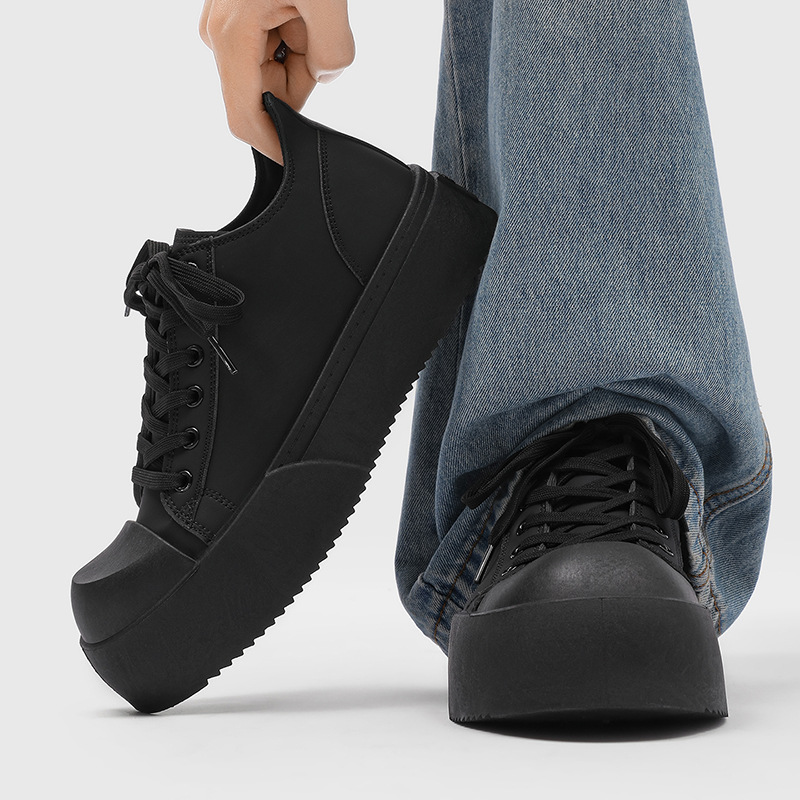2026 Winter Commuting Leather Low-top Wear-resistant Shoes Black Thick-soled Height-increasing Sports Casual Sneakers