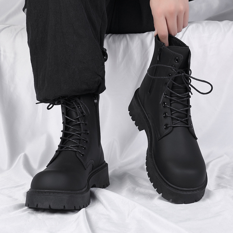 New Winter Black Motorcycle Workwear Boots, High Top Soft Leather Waterproof Casual Leather Boots