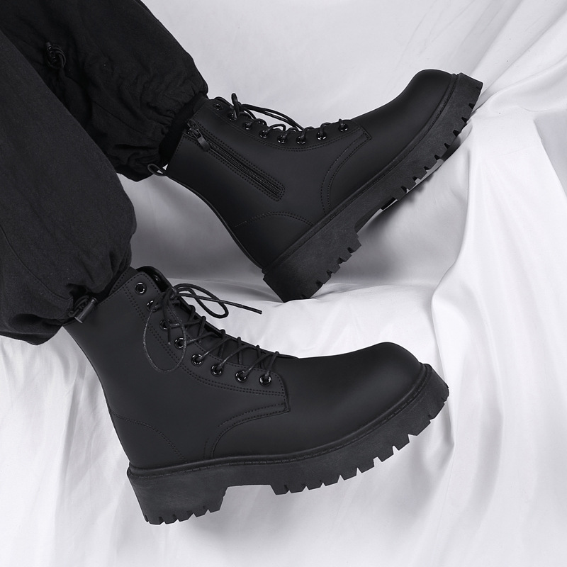 New Winter Black Motorcycle Workwear Boots, High Top Soft Leather Waterproof Casual Leather Boots
