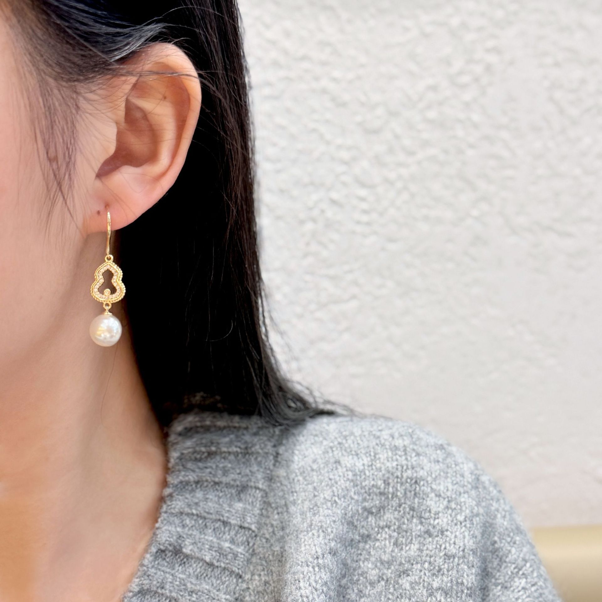 Silver Needle Full Diamond Gourd Pearl Ear Hook Female Personality Temperament Light Luxury Fulu Earrings