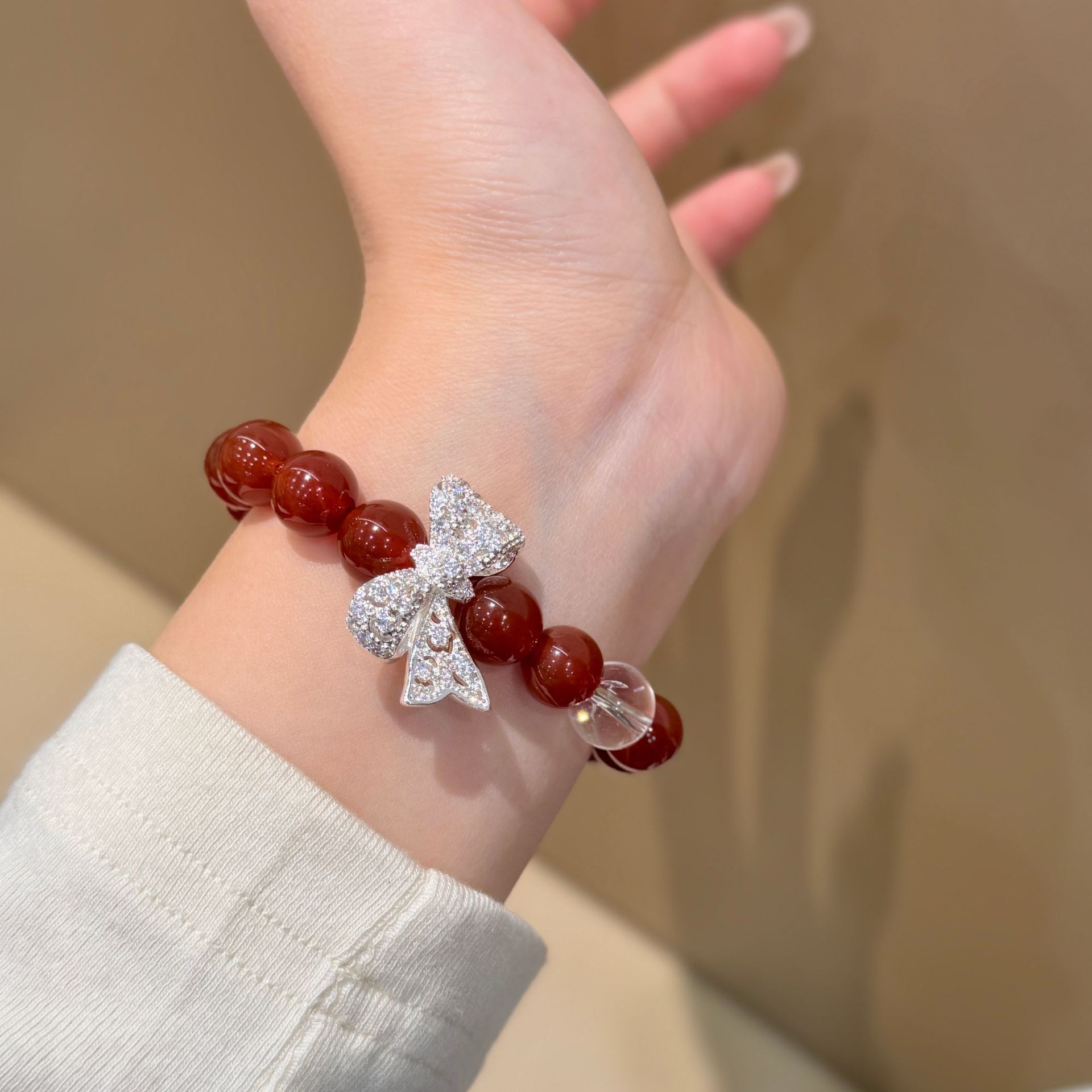 Full Diamond Bow Natural Red Agate White Crystal Bracelet for Women Light Luxury Style Exquisite New Year Beaded Handmade