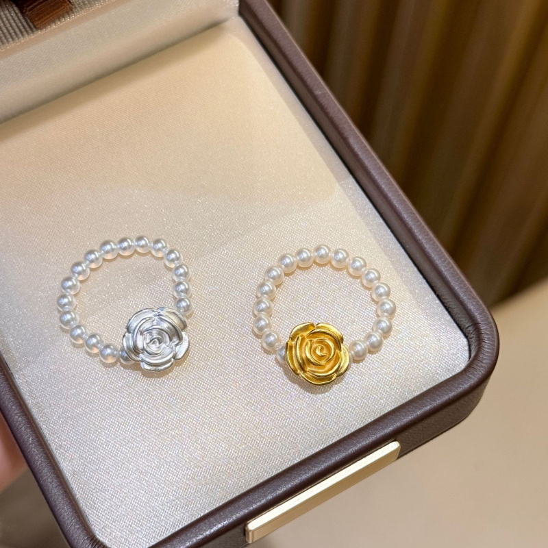 Rose Patchwork Pearl Elastic Ring For Women's Exquisite And Versatile Commuting Style Index Finger Ring