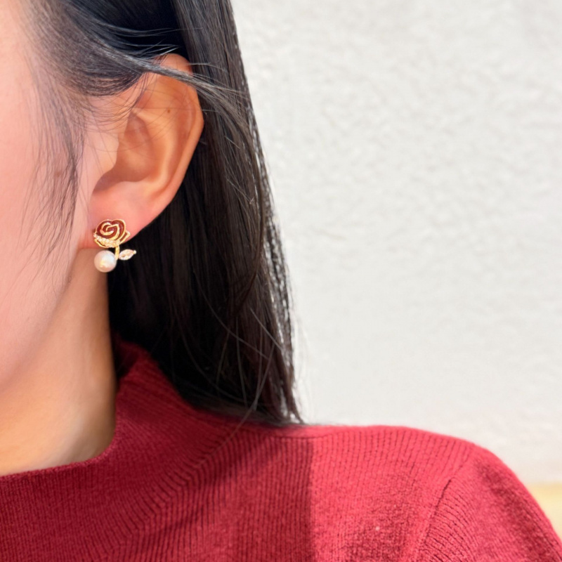 925 Silver Needle Pearl Sparkling Diamond Red Rose Earrings, Feminine Temperament, Light Luxury, Versatile, Niche Earrings