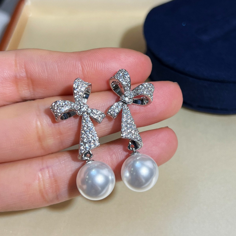 New Pearl Full Diamond Ribbon Bow Long Earrings With Feminine Temperament And High-End Earrings