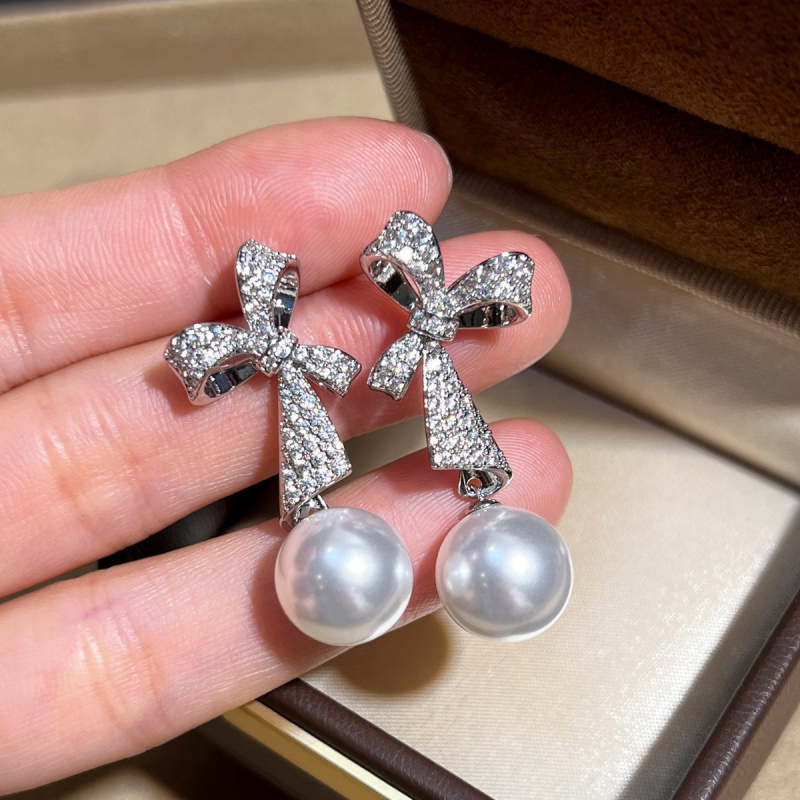 New Pearl Full Diamond Ribbon Bow Long Earrings With Feminine Temperament And High-End Earrings