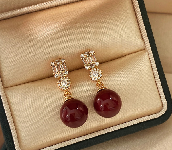 Silver Needle Red Ma Medium Long Flash Diamond Light Luxury Women's New Year Earrings