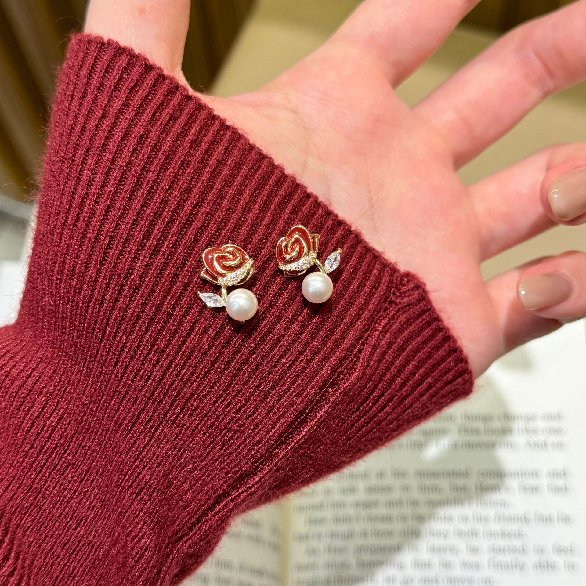 925 Silver Needle Pearl Sparkling Diamond Red Rose Earrings, Feminine Temperament, Light Luxury, Versatile, Niche Earrings