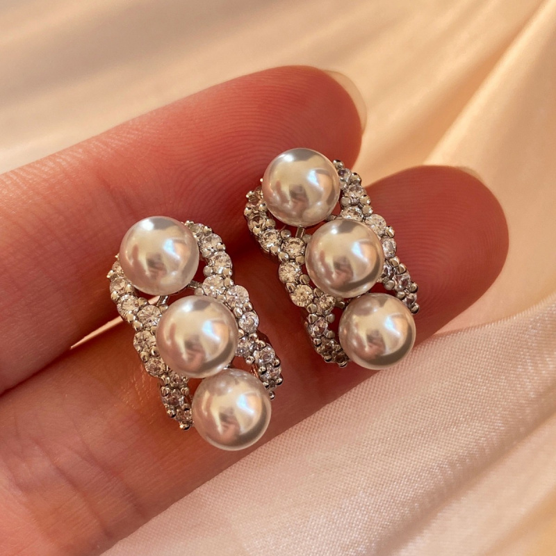 Pearl Full Diamond Three Bead Earrings For Women, Niche Design, High-End Earrings