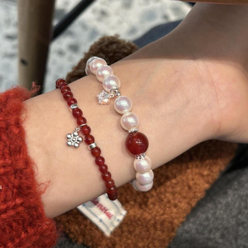 Pearl Splicing Red Agate Sparkling Zirconia Star Bracelet, Women's Premium Mini Bracelet