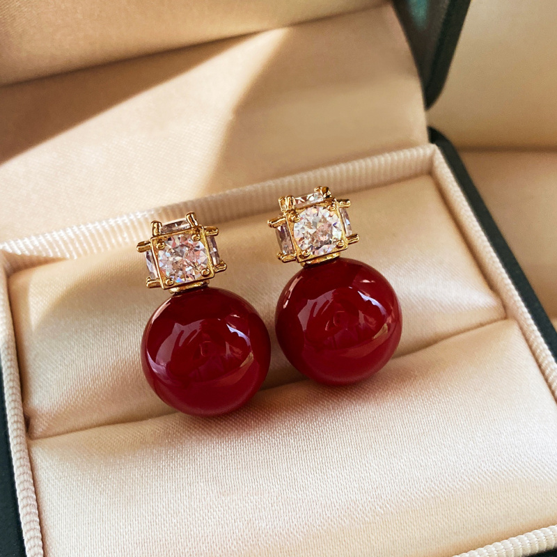 Silver Needle Electroplated Sparkling Zircon Heavy Craft Earrings for Women, Light Luxury Vintage Versatile Red Agate Jewelry