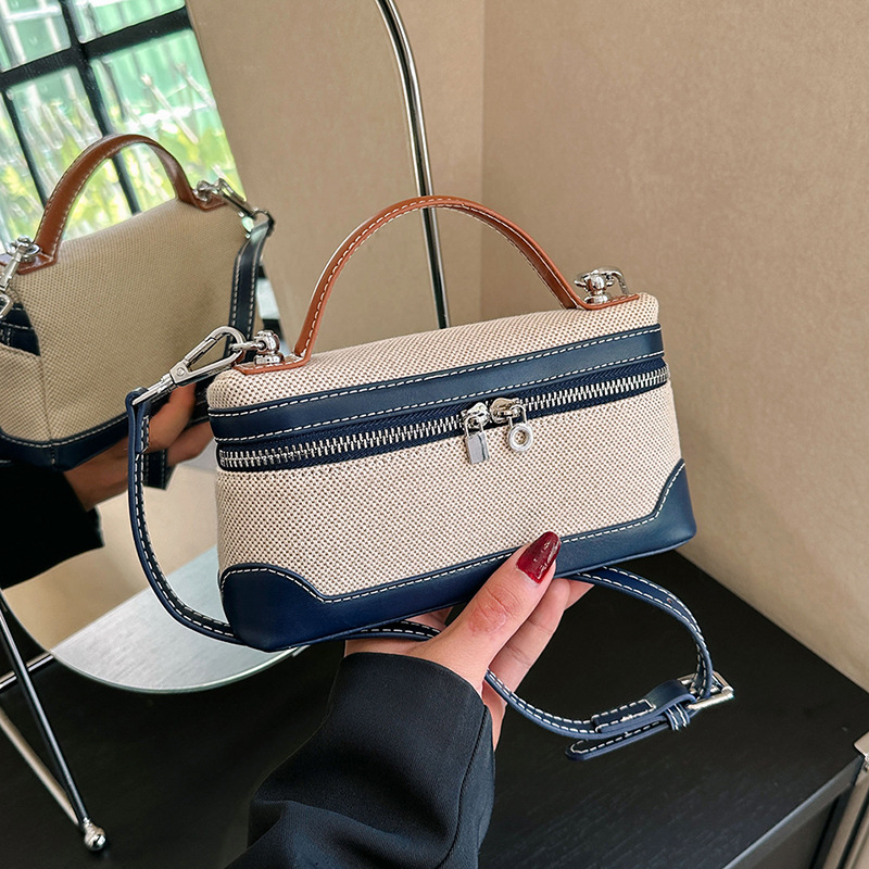 European and American Retro Fashion Hand-Held Small Square Bag for Women 2026 Cross-Border New Canvas Contrasting Splicing Crossbody Bag