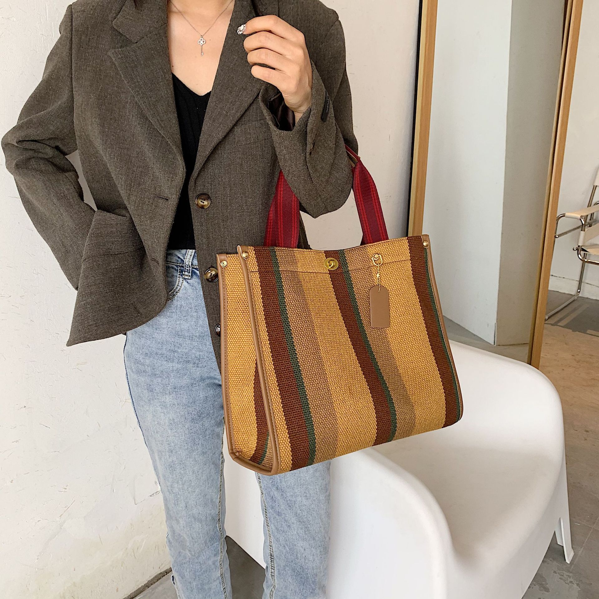 Female Hot Selling Cross-Border New Trendy Fabric Striped Handbag With High-End Texture And Light Luxury Crossbody Bag