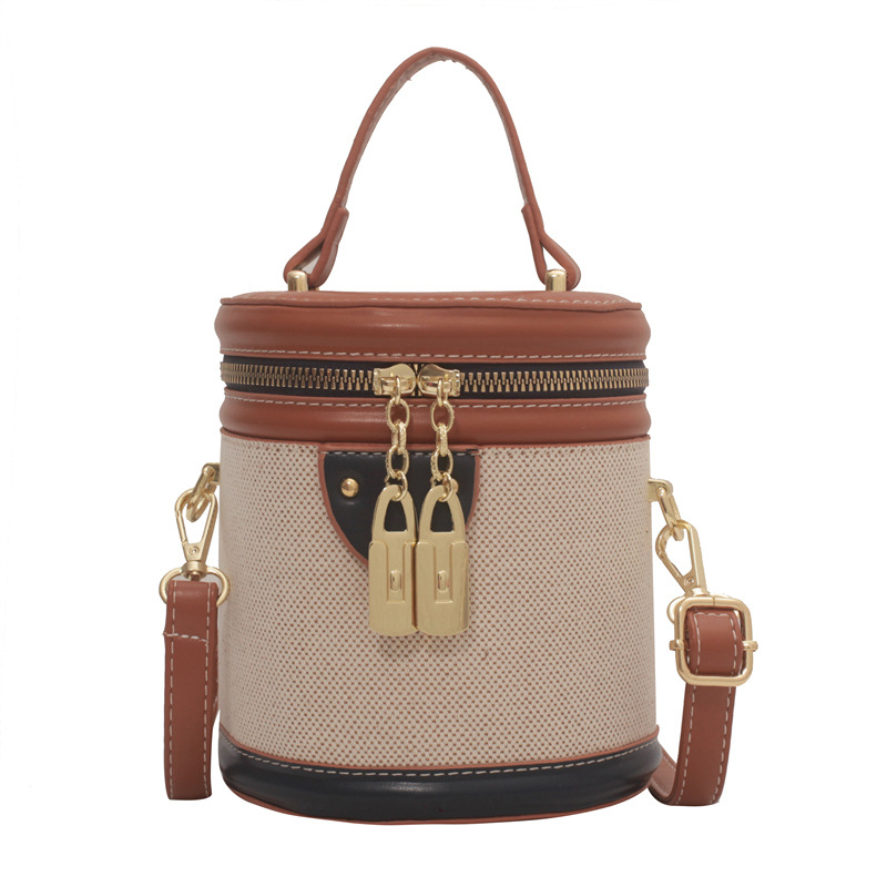 Handheld Cylindrical Bag, Women's Contrasting Color Canvas Retro Texture Single Shoulder Crossbody Bag