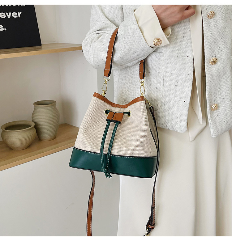 Women's New Canvas Contrasting Hand-Held Bucket Bag, Street Trendy Texture Single Shoulder Crossbody Bag