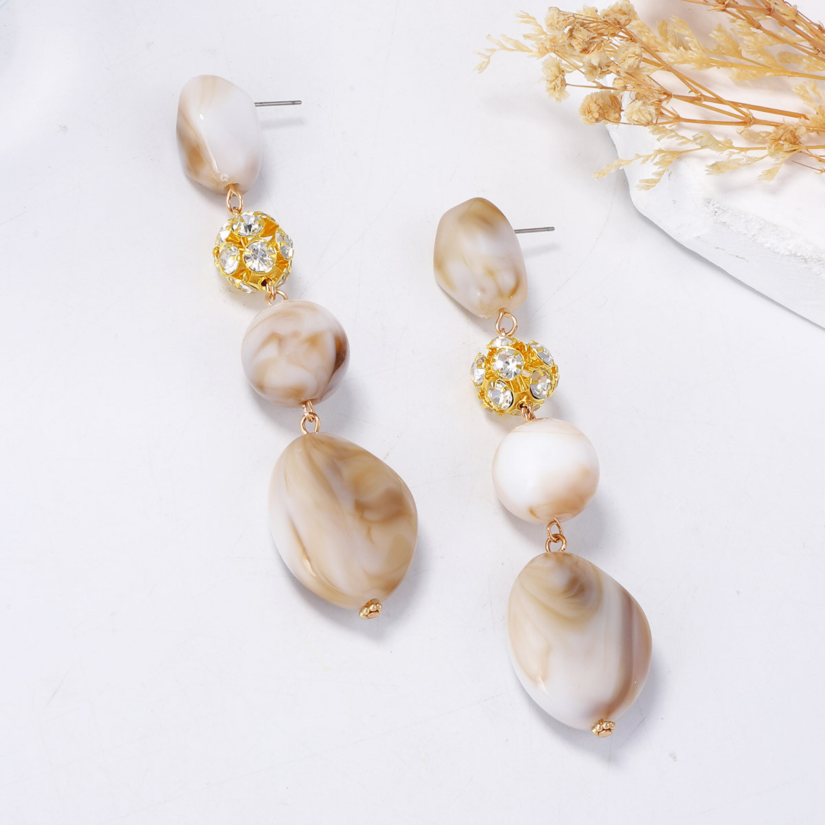 European and American Style Minimalist Retro Geometric Plastic Bead Micro Inlaid Rhinestone Long Tassel Earrings