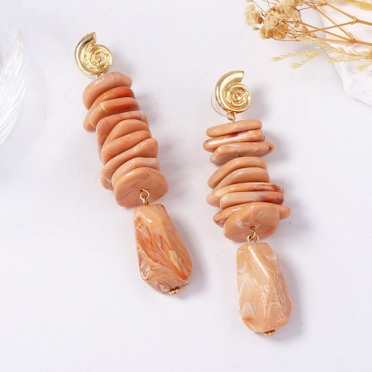 Cross Border European And American Retro Personalized Design Sense Geometric Resin Coral Alloy Conch Long Earrings Ocean Wind